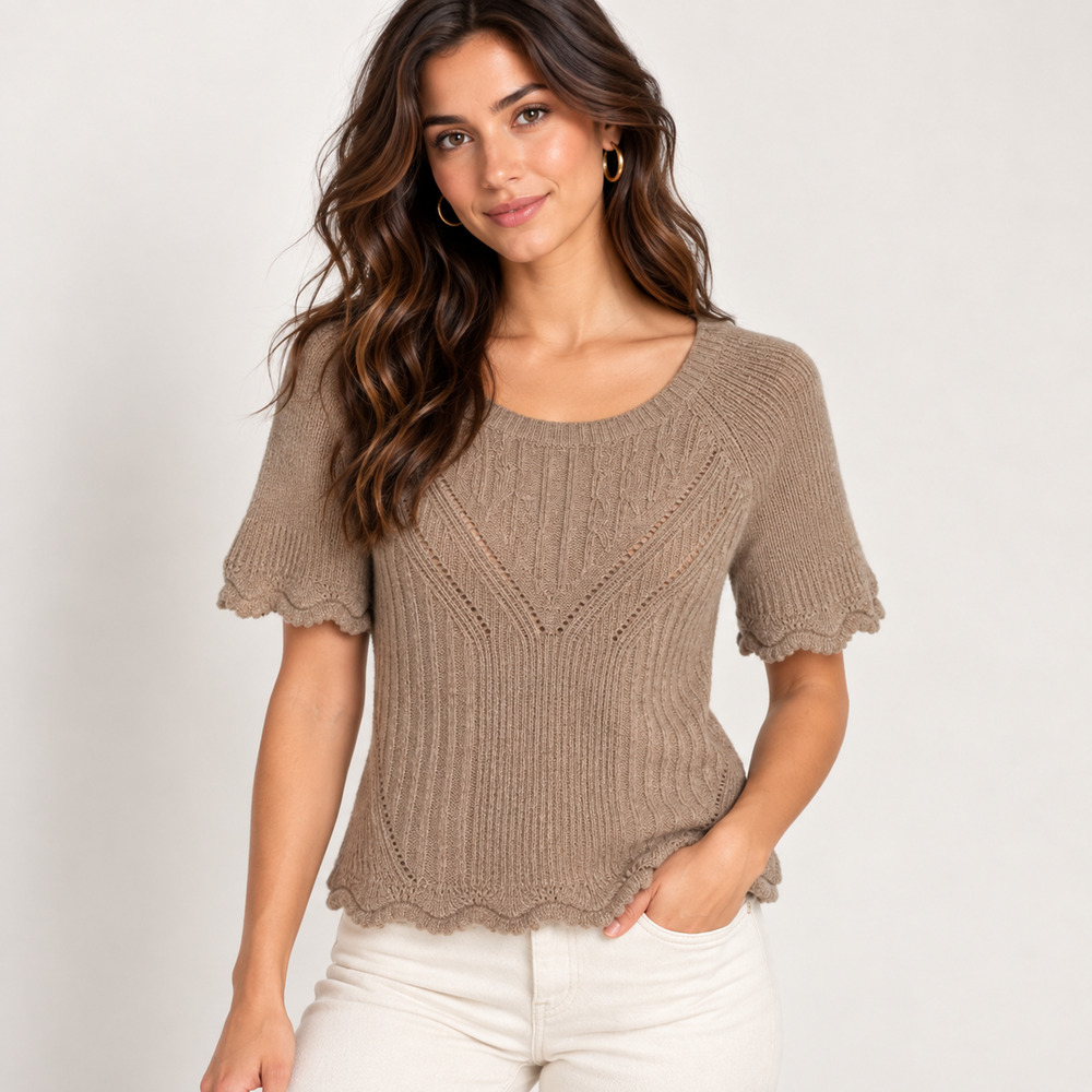 by Anthropologie Pointelle Sweater Tee S Taupe Brown Wool Scallop Hem Boho